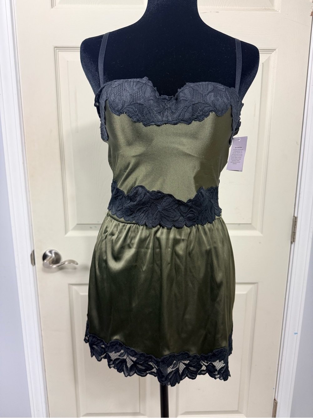 Auden Olive Satin Chemise with Black Lace Trim